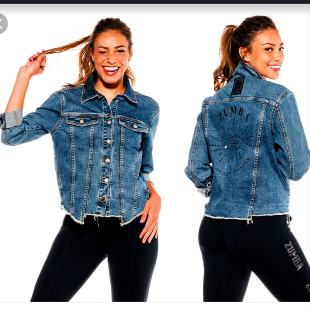 Zumba Peace Swarovski Crystals Eye Jean Jacket Stretch Denim sz Small Spicy NWOT